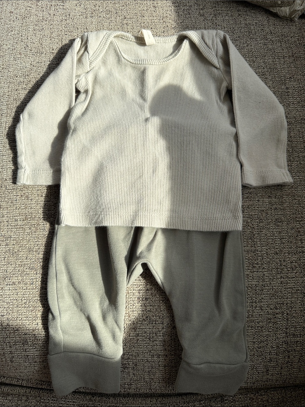 Quincy Mae Ribbed Long-Sleeve Top and Jogger Set - Cream and Sage